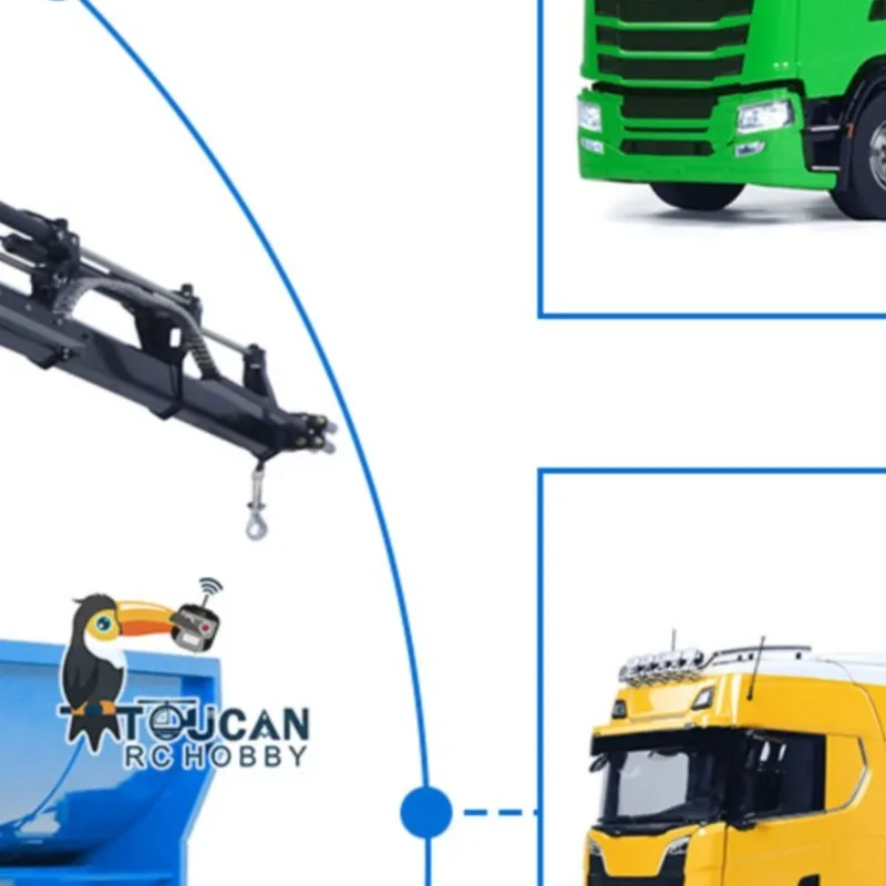 1/14 10x10 Remote Control Hydraulic Crane Dump Truck Metal Chassis Rail RC Full Tipper 770S Differential Lock Rear Steering Axle