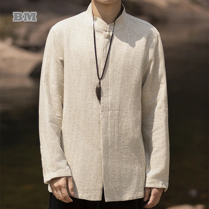 Chinese Traditional Dress Vintage Cotton Linen Long Sleeve Spring Autumn Plus Size Shirt For Men Clothing Ethnic Style Coat Male