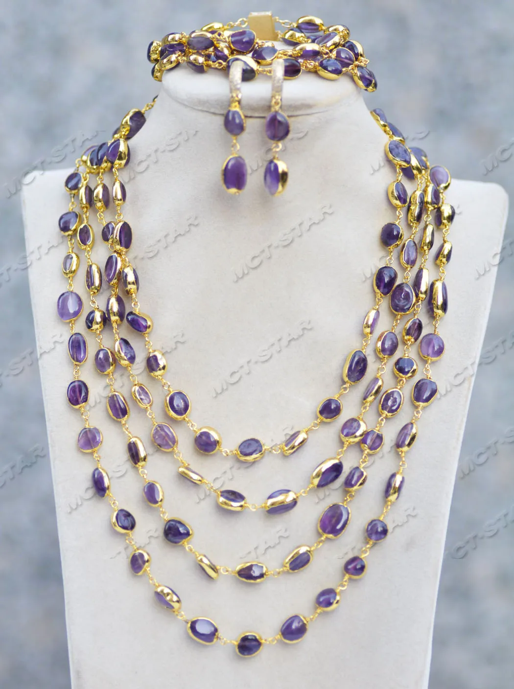 Z11678 Set 4Row Purple Baroque Amethyst Golden Chain Necklace  ​Bracelet Earring Custom Jewelry