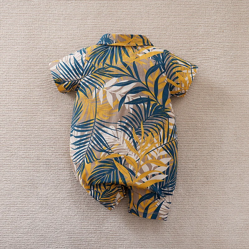 Newborn Baby Boy Summer Jumpsuit Costume Romper Onesie 100% Cotton Short Sleeve Leaves Print Clothes Round Neck Comfortable Cute