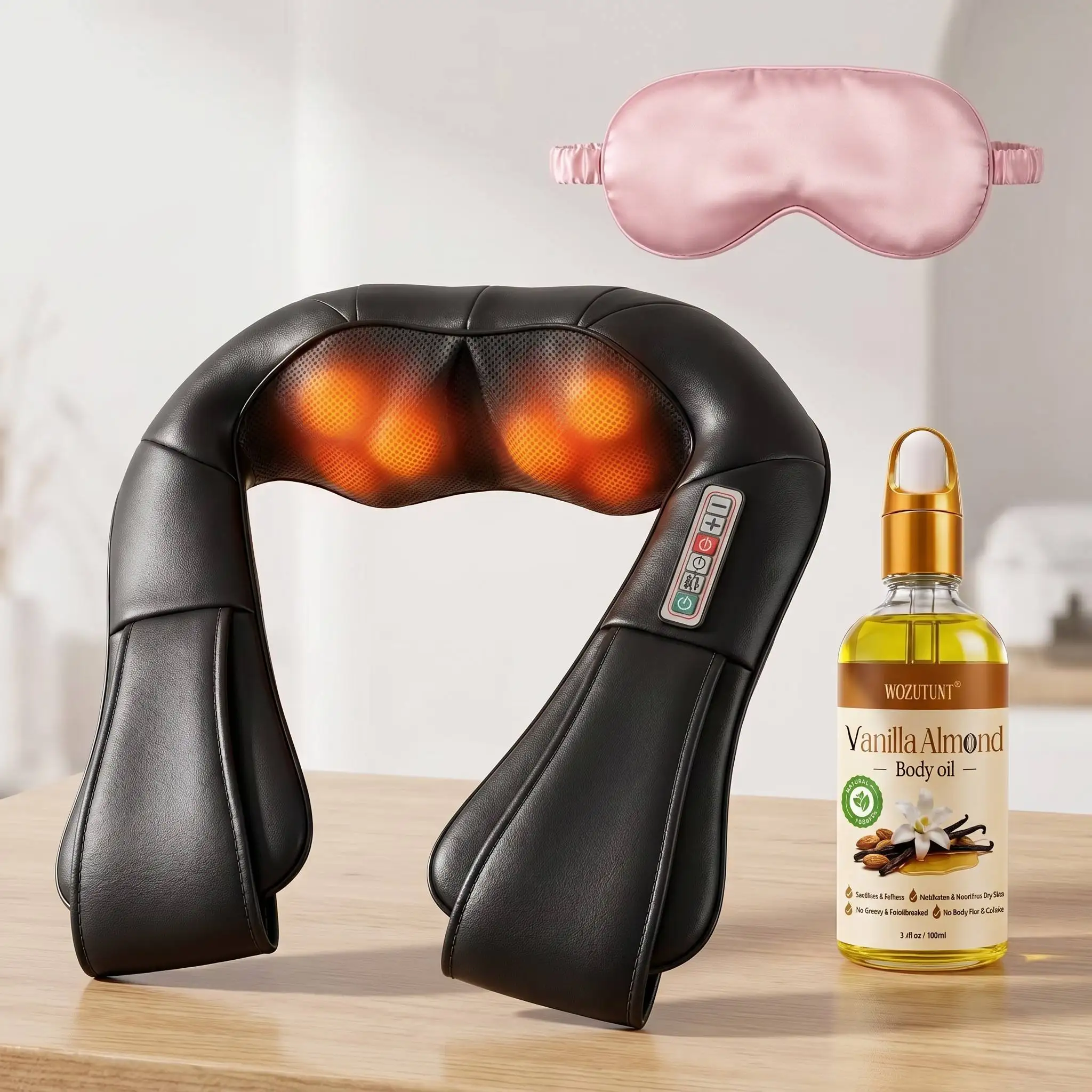 

Electric Neck and Shoulder Massager with Heat, Deep Tissue Shiatsu Back Massage Pillow for Pain Relief, Wellness Gift Set with Vanilla Almond Body Oil & Silk Eye Mask, Birthday Gifts for Women Men