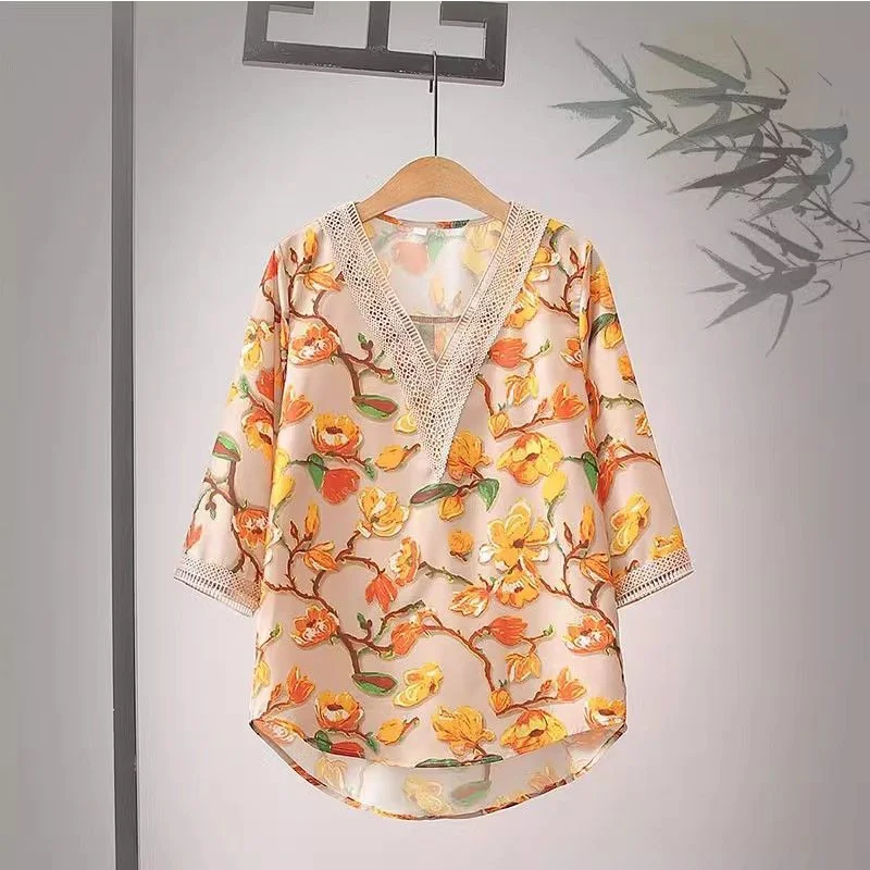 2024 New Summer England Style Aesthetic Loose Casual Office Lady T-shirts for Women Korean Style Chic V Neck Long Sleeve Tops