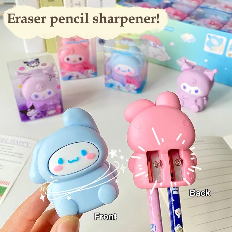 Sanrio Double Hole Pencil Sharpener Hello Kitty Kuromi Pencil Sharpener W/Sharpener Eraser Cinnamoroll Stationery Kid Gift