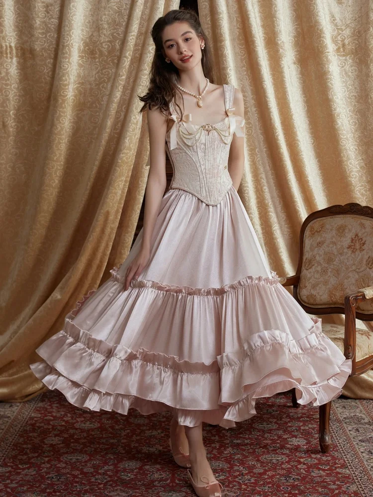 

Women Pink Skirt Two Piece Sets Sexy Straps Lace-up Corset Top + Ruffles A-line Long Skirts Suits Evening Cocktail Party Sets