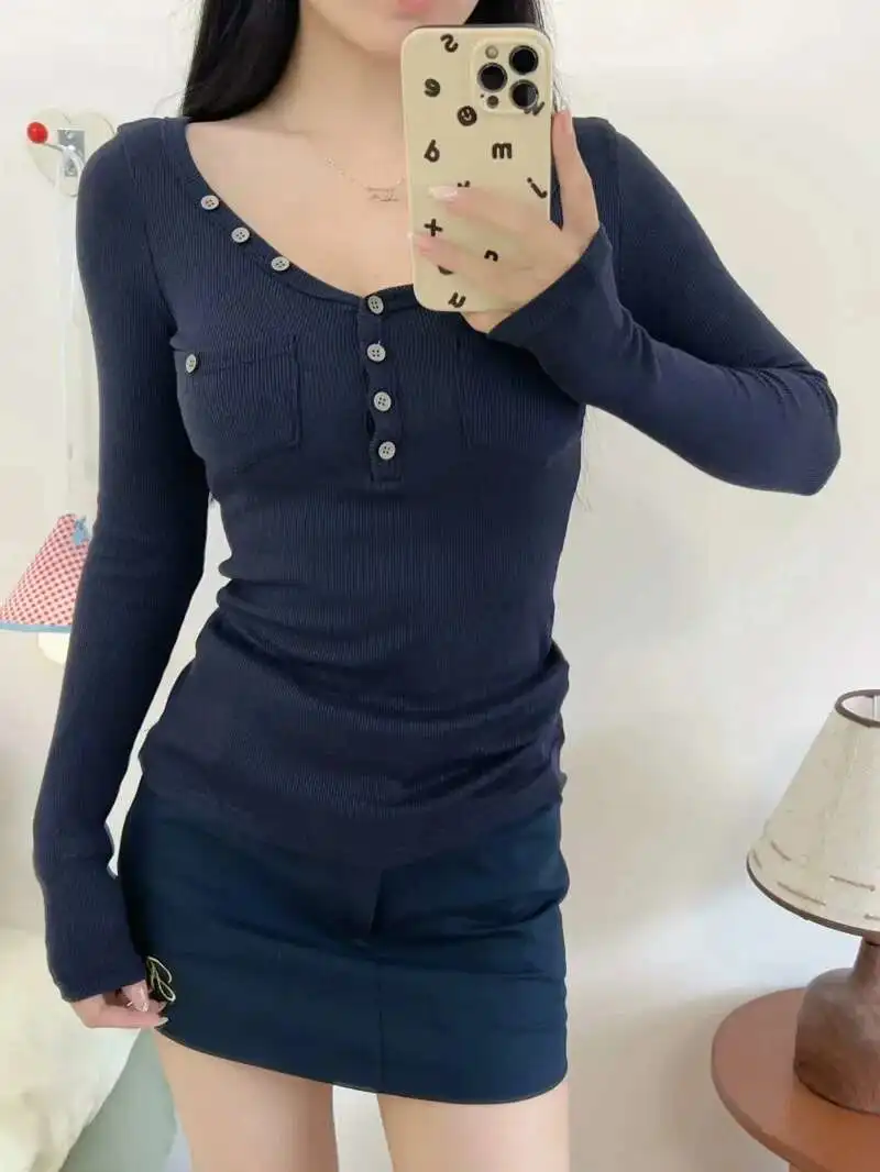 Autunno piccante ragazza sexy scollo a V doppia tasca monopetto manica lunga pullover donna vita stretta solido top sottile CUOC