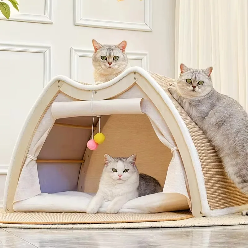 

Custom Luxury Large Size Wooden Plush Cat House Tower Cat Tent Bed