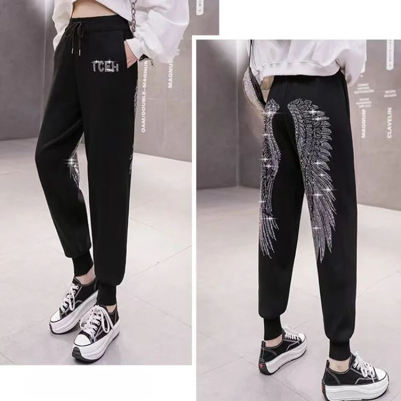 بنطلون حريمي محبوك ، بنطلون طويل كاجوال فضفاض عصري ، تطريز ثقيل وأجنحة كريستال ، خريف وشتاء