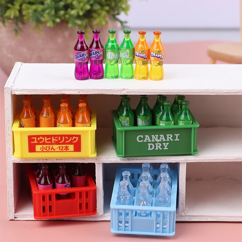 1Set 1:12 Dollhouse Miniature Drinks Soda Drink Bottle with Storage Box Model Doll House Living Scene Decor Toy