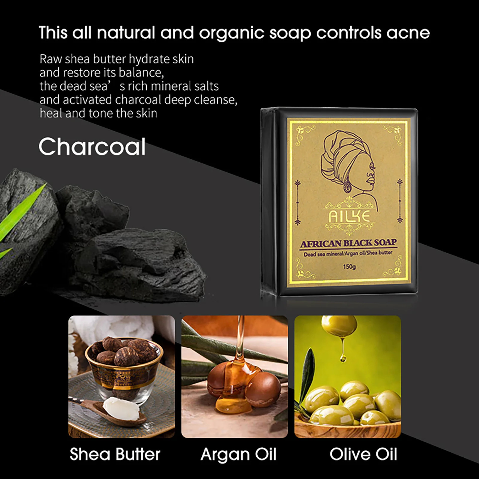 AILKE African Natural Black Soap for Face and Body, Brightening Skin, Reduce Acne, Deep Cleansing, Oil Control, Moisturizing