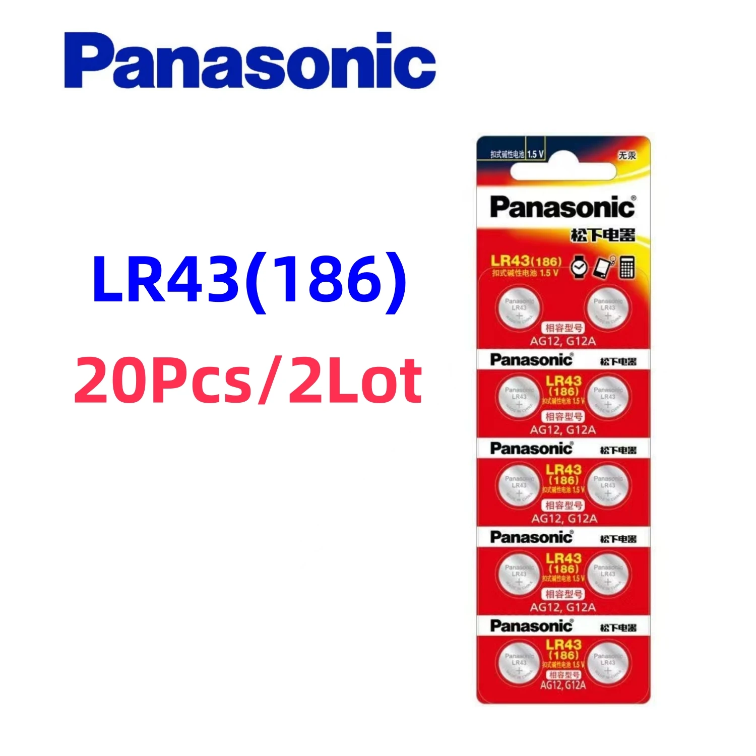 20pcs Original Panasonic LR43 186 AG12 386 SR1142 LR1142 SR43 301 V12GA 1.5V Alkaline Button Cell Battery For Watch Calculator