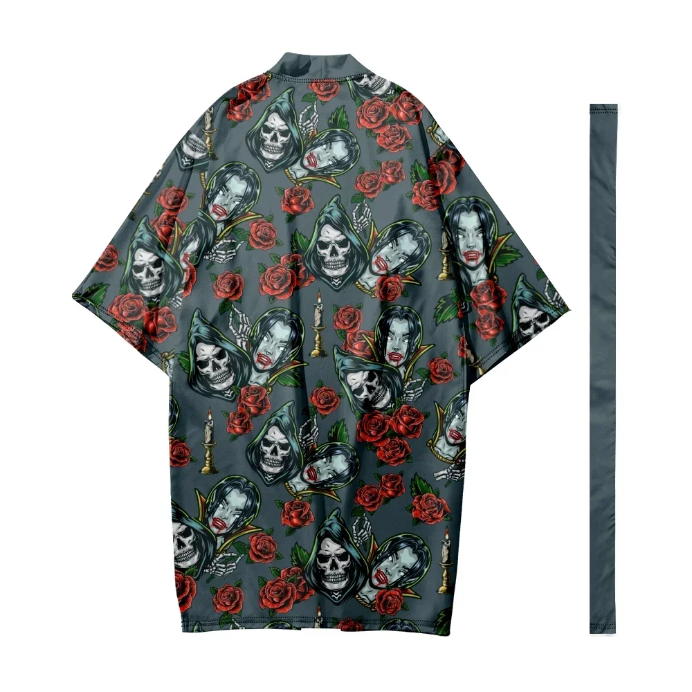 Women and Men Japanese Traditional Skull Vampire Pattern Long Kimono Retro Cardigan Samurai Bathrobes Kimono Yukata Shirt Jacket