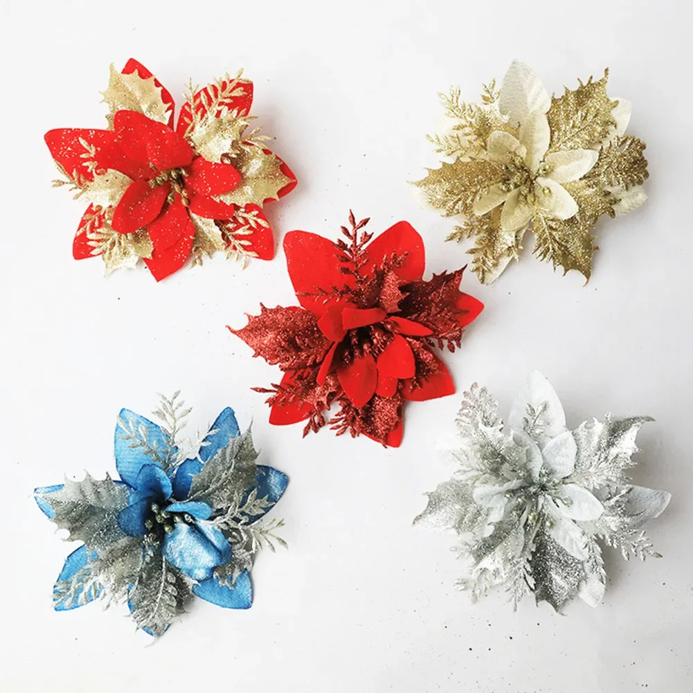 1pc 15cm Glitter Poinsettia Christmas Artificial Flowers With Clips DIY Xmas Tree Ornaments Wreath Fireplace Home Decoration