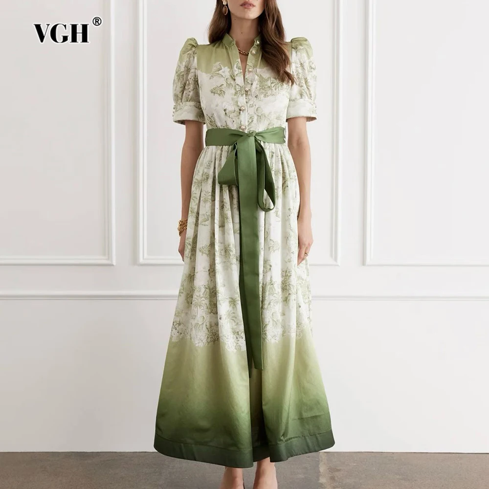 Vgh prairie chique impressão maxi vestido para mulheres gola manga curta pathwork cetim rendas até vestidos de festa elegantes feminino novo
