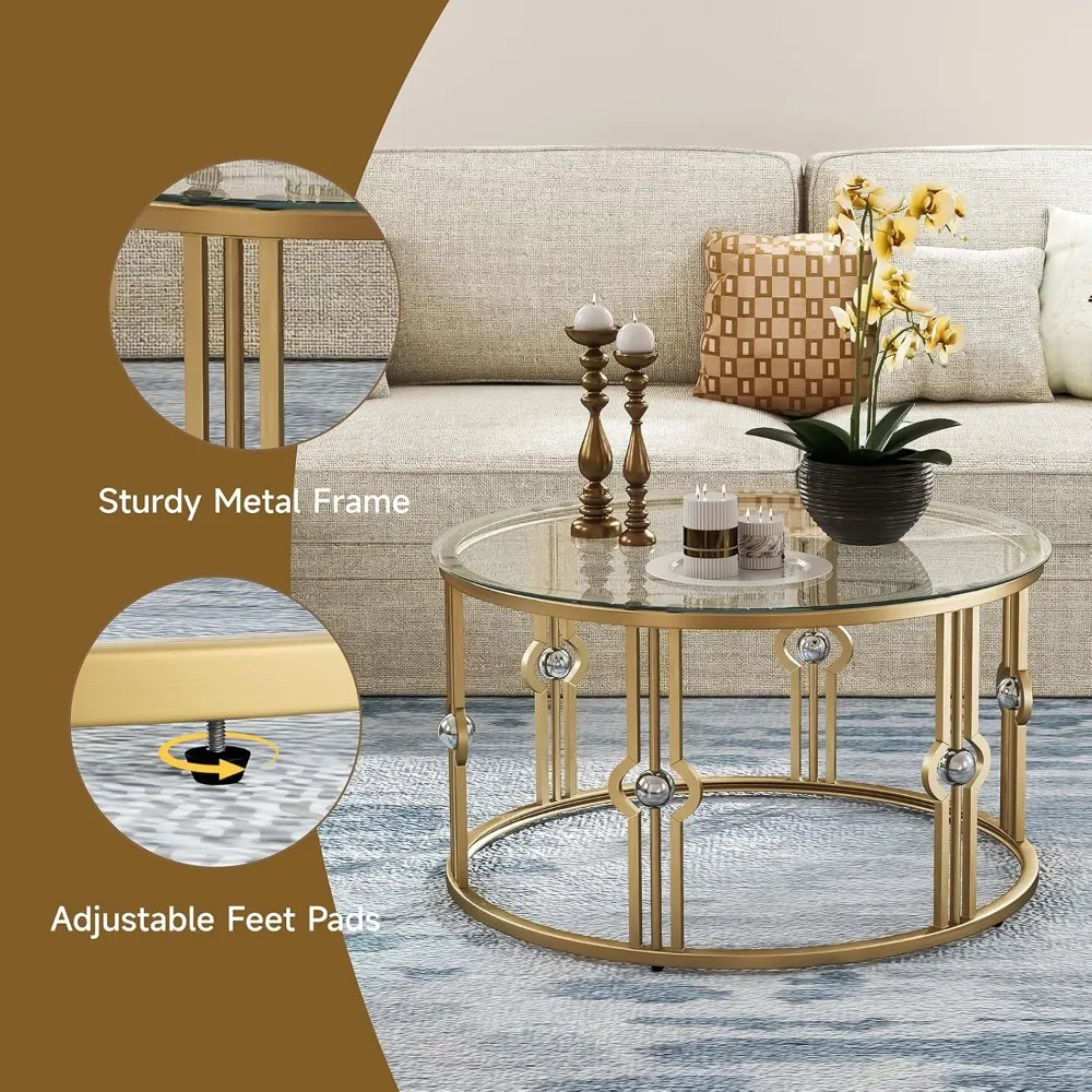 Round Tempered Glass Coffee Table - Gold Accents for Living Room and Office Use