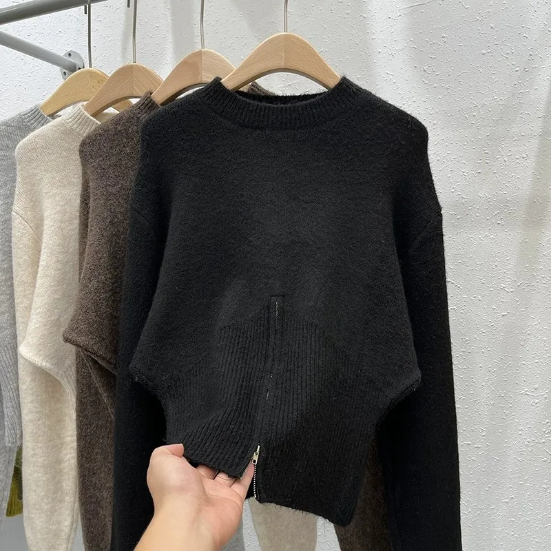 سترة نسائية مع سحاب خصر وأكمام طويلة بلوفرات بسحاب عادي محبوك سترة للمراهقات موضة خريف وشتاء Y2K