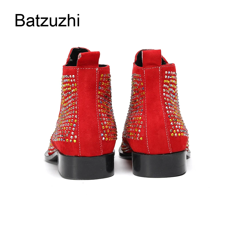 Batzuzhi Designer's Rhinestones Leather Ankle Boots Man with Iron Toe Slip on Men's Leather Ankle Boots Man Wedding, Party Botas