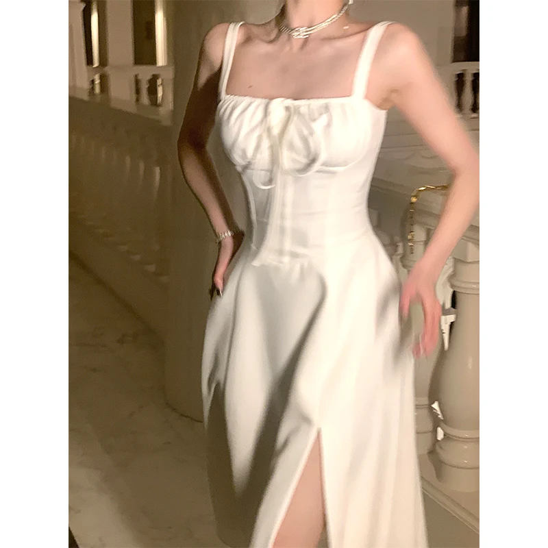 2024 New White Vintage Split Slip Dress Sleeveless A-line Elegant Bohemian Sexy Fishbone Bandage Dresses Female Summer Backless