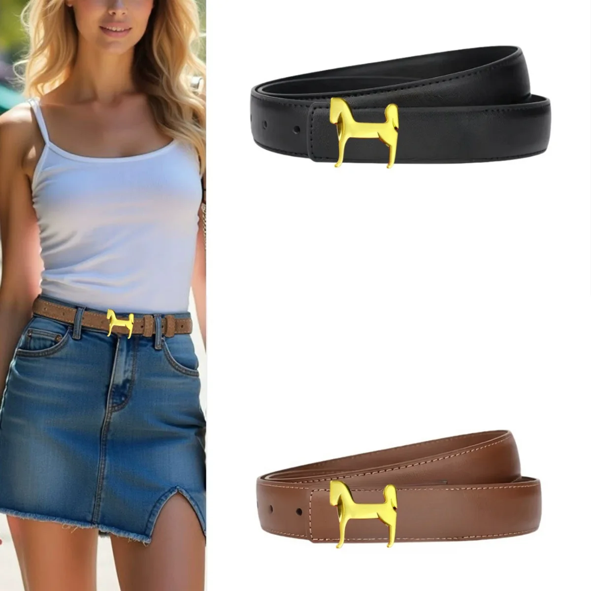 Fashion Ladies Decor Waistband Golden Horse Figure Buckle Belt Versatile Accessory For High Waist Clothing Multi‑color