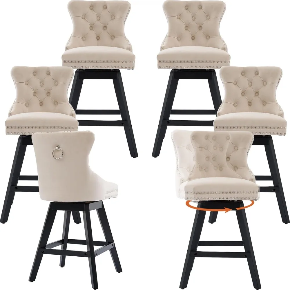 

Modern Swivel Bar Stools Set of 6, 25.9" Beige Counter Height Bar Stools with Back for Kitchen Island, Velvet Upholstered Island