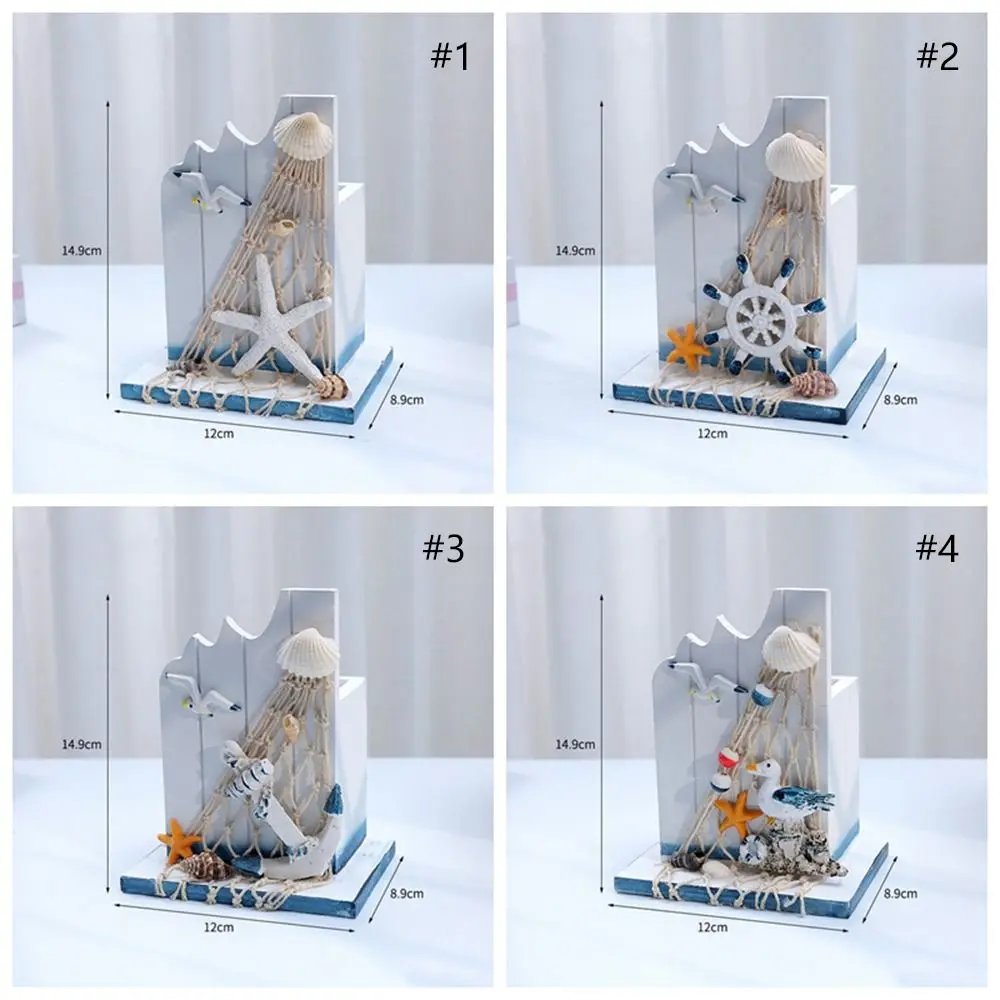 Mediterranean Style Wooden Pen Holder Ocean Style Handmade Pencil Storage Box Large Capacity Pen Container