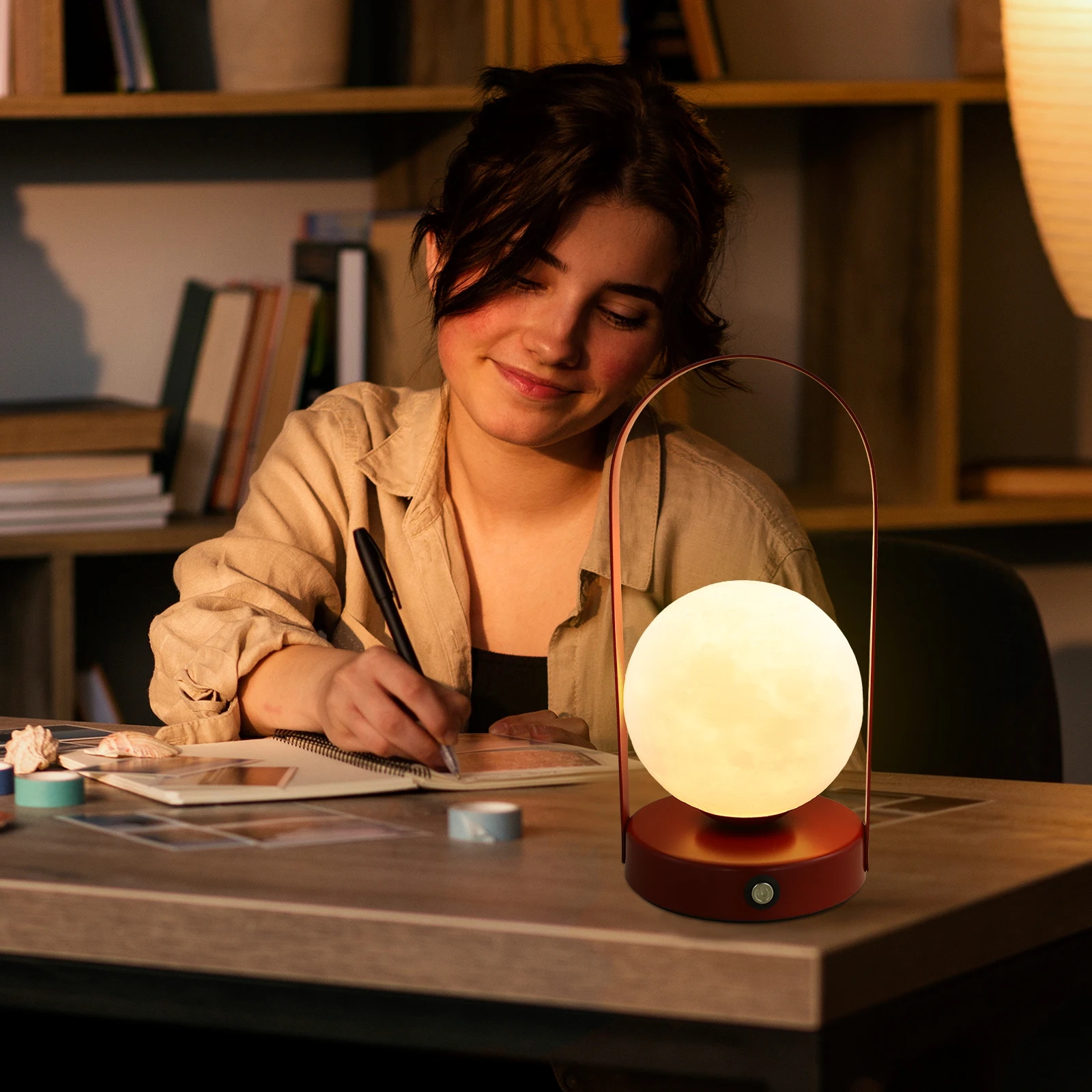 

Small Desk Red Handheld Moon Style 3 Colors Adjustable Brightness Bedroom Bedside Table Night Bedside Lamp Light