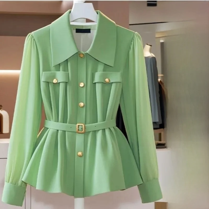 

Женская приталенная рубашка с эффектом утяжки талии, повседневная, модная, для офиса, с длинным рукавом, Po...