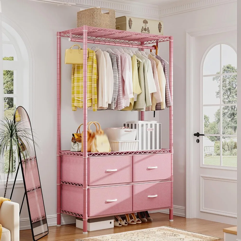 رف ملابس معدني محمول عالي التحمل مع أرفف و4 أدراج، مثالي لتعليق وتخزين الملابس باللون الوردي