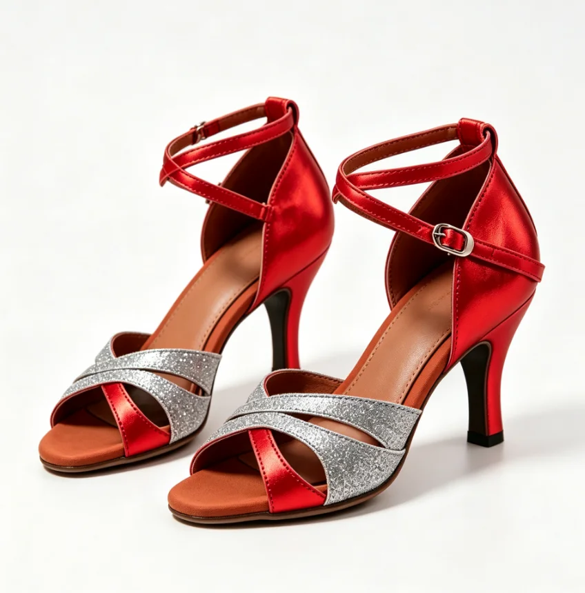 Evk Girl Red Silver Glitter Latin Dance Shoes Suede Sole Salsa Tango Ballroom Sneaker Women's Party Footwear Tango Dance Sandals