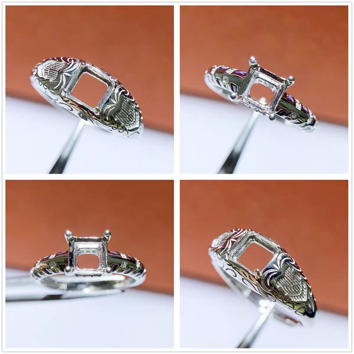 

MeiBaPJ 6mm Square Stone 925 Silver Simple Zircons Ring Holder DIY Empty Support for Women Fine Charm Jewelry