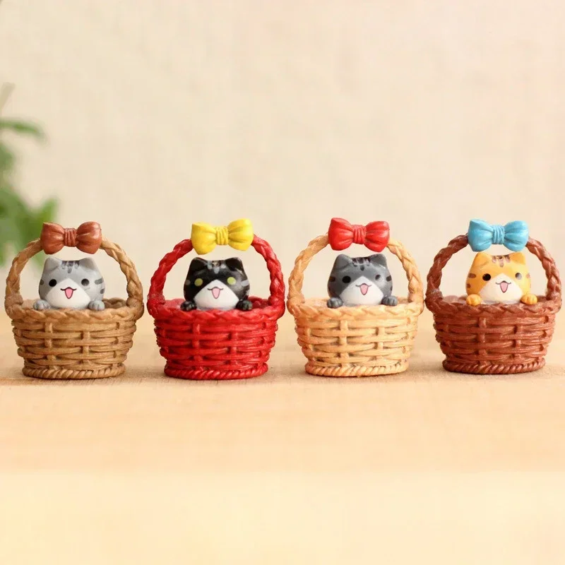 4 pcs Cute Creative Cartoon Cat Kids  Toy Bamboo Basket Japan Cat Figurine Japonaise Pvc Miniature Figurines Home Decoration