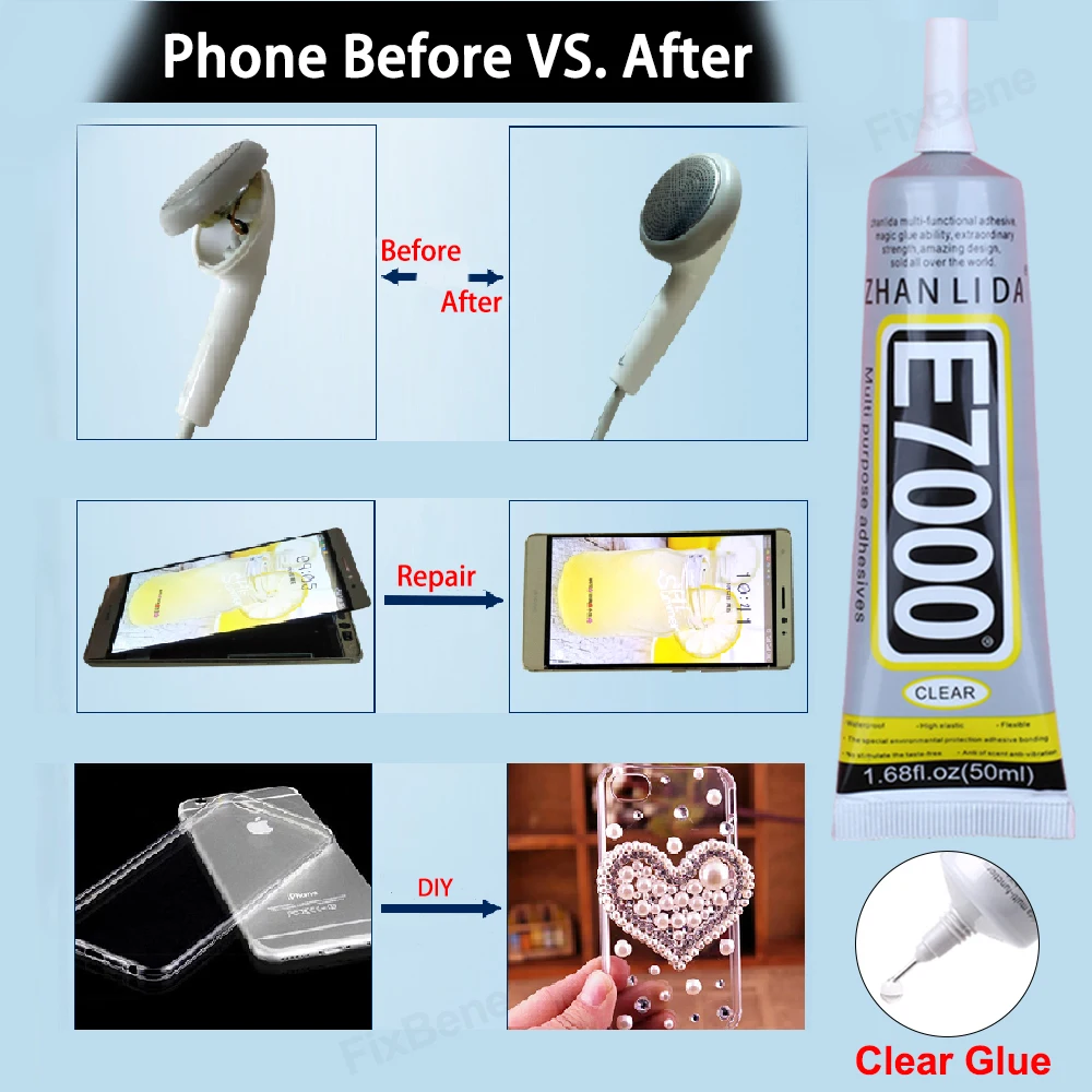 Colla per schermo del telefono cellulare Adesivo per orologio Forte E7000 Cornice per cover posteriore Display LCD Kit di strumenti di riparazione Tessuto con strass Pietra preziosa Bond