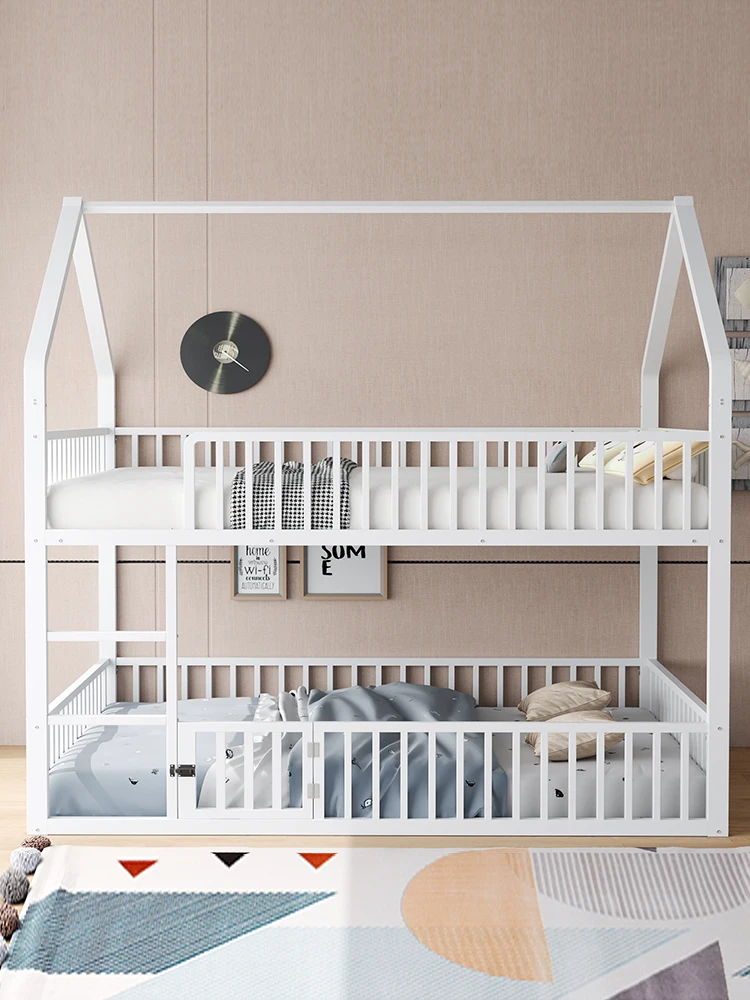 KOMHTOM Etagenbett Metall Doppelbett Kinder mit Treppe Loft Design und unterem Bett mit kleiner Tür zum Öffnen und Schließen