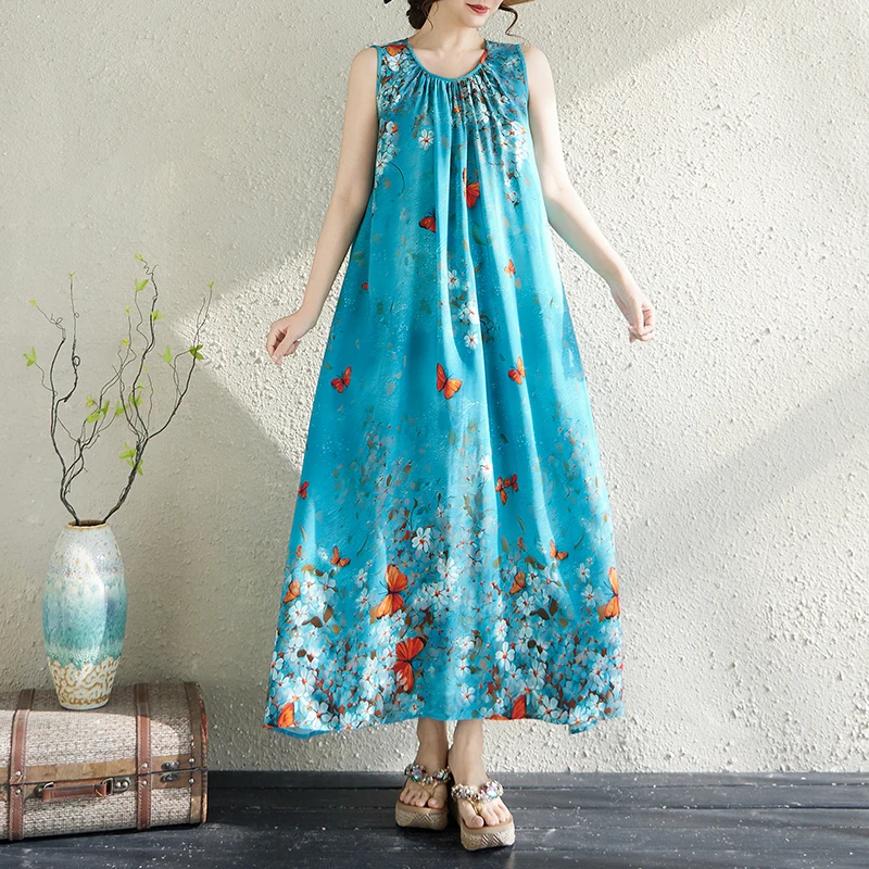 New Hot Casual 2026 Summer Dress For Women Sleeveless Elegant Vintage O-Neck Plus Size Floral Print Dresses Women Clothing