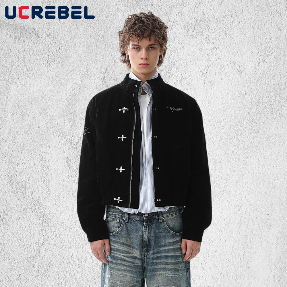 Retro Long Sleeve Down Jacket Mens Button Decoration Winter High Street Stand Collar Long Sleeve Thick Quilted Jacket Man
