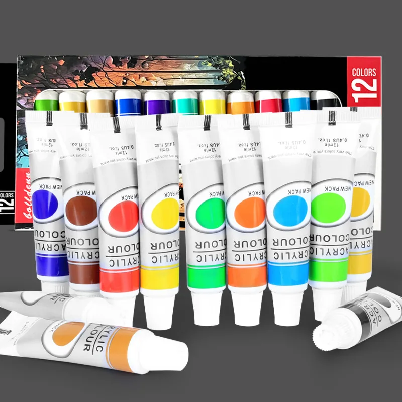 12 Color 12ml Tube Acrylic Paint Set,Waterproof Permanent Craft Pigments For Canvas Rock Wood Ceramic Fabric Beginners Artists
