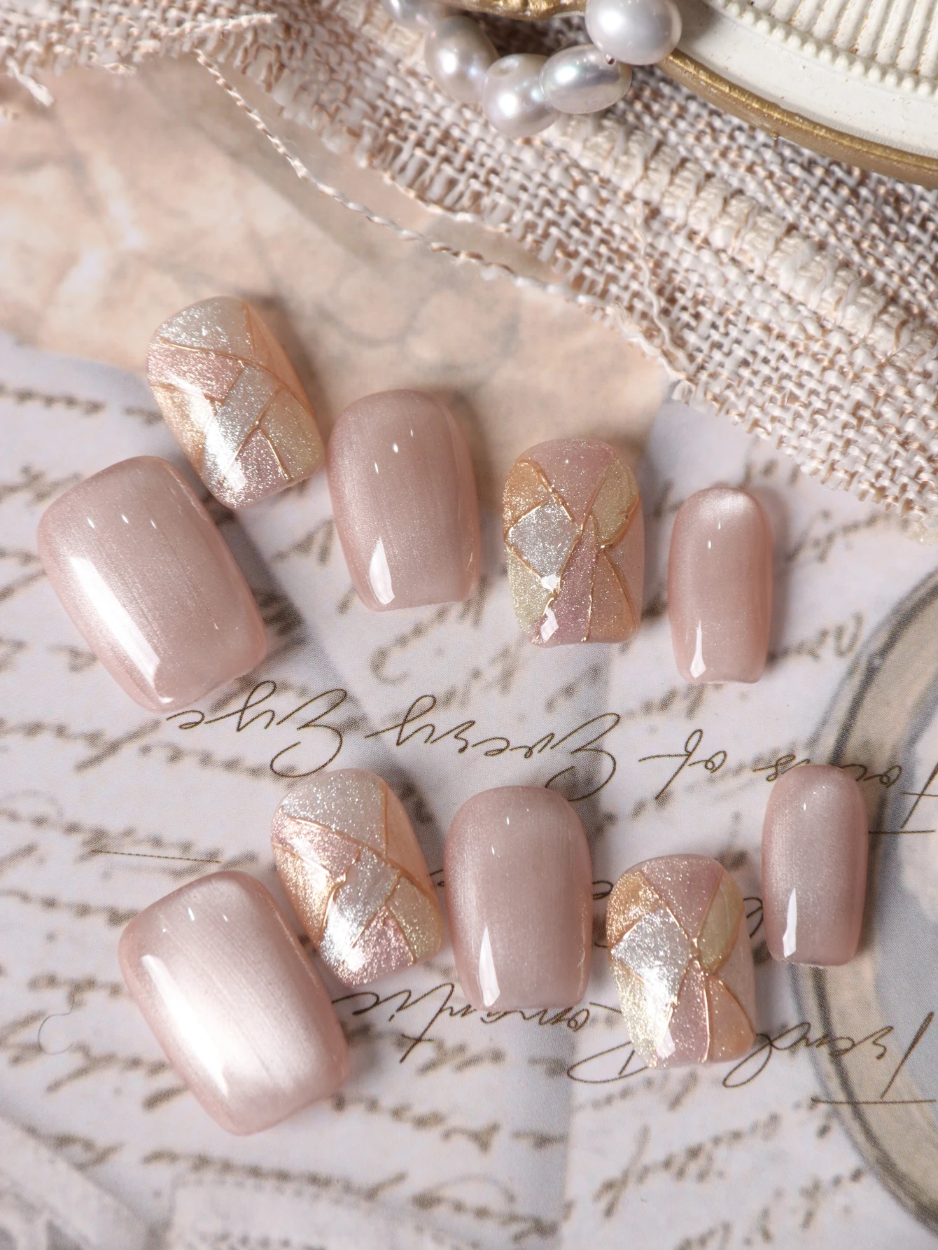 10Pcs Acrylic Press on Pink Cat Eyes Colorful Grid Fake Nails Includes 1 Sheet of Adhesive Tabs & 1 Pc Mini File