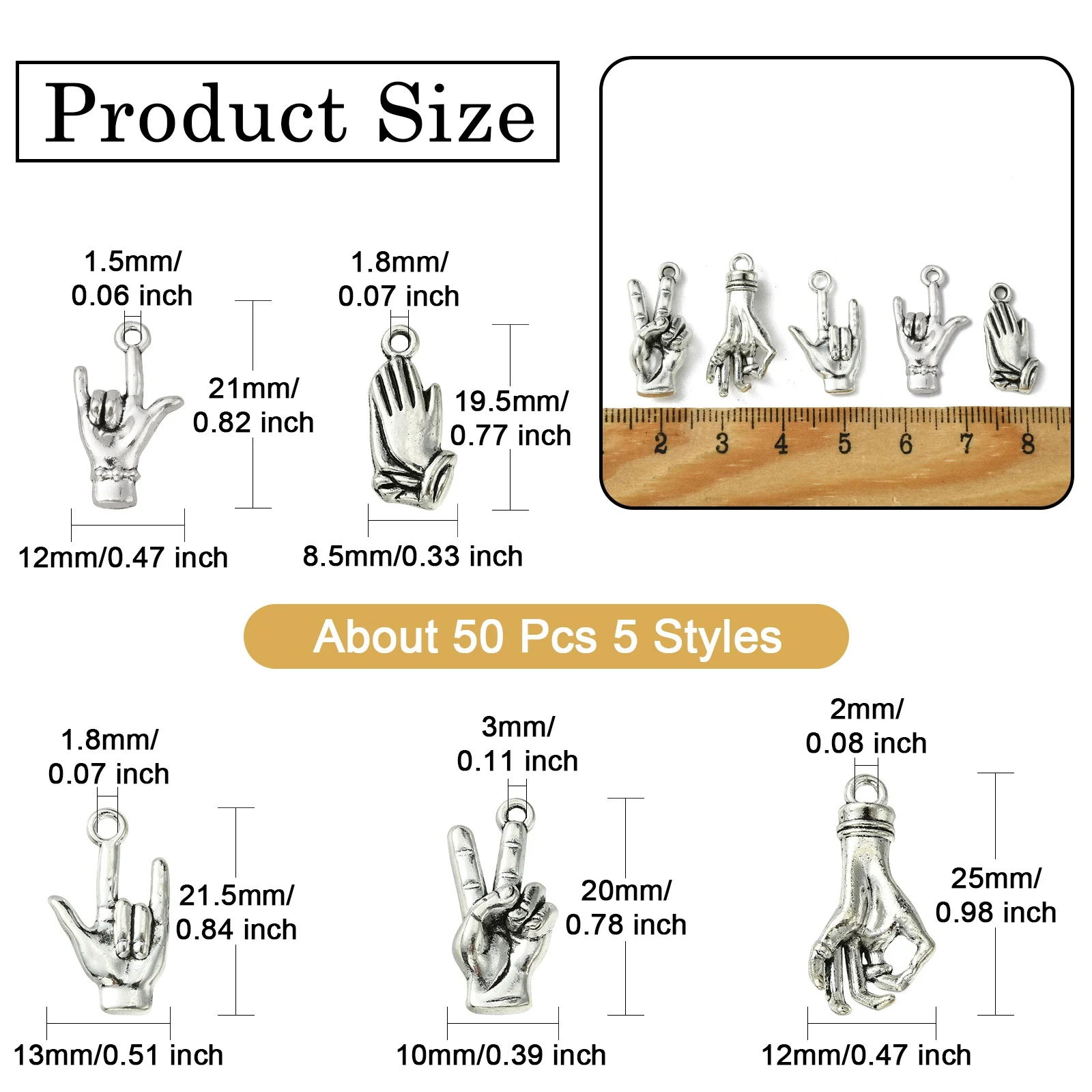 Pandahall 50Pcs 5 Styles Tibetan Hand Gesture Charm Victory Sign Pendants Mini Love Finger Charms for Necklace Earrings Making image 2