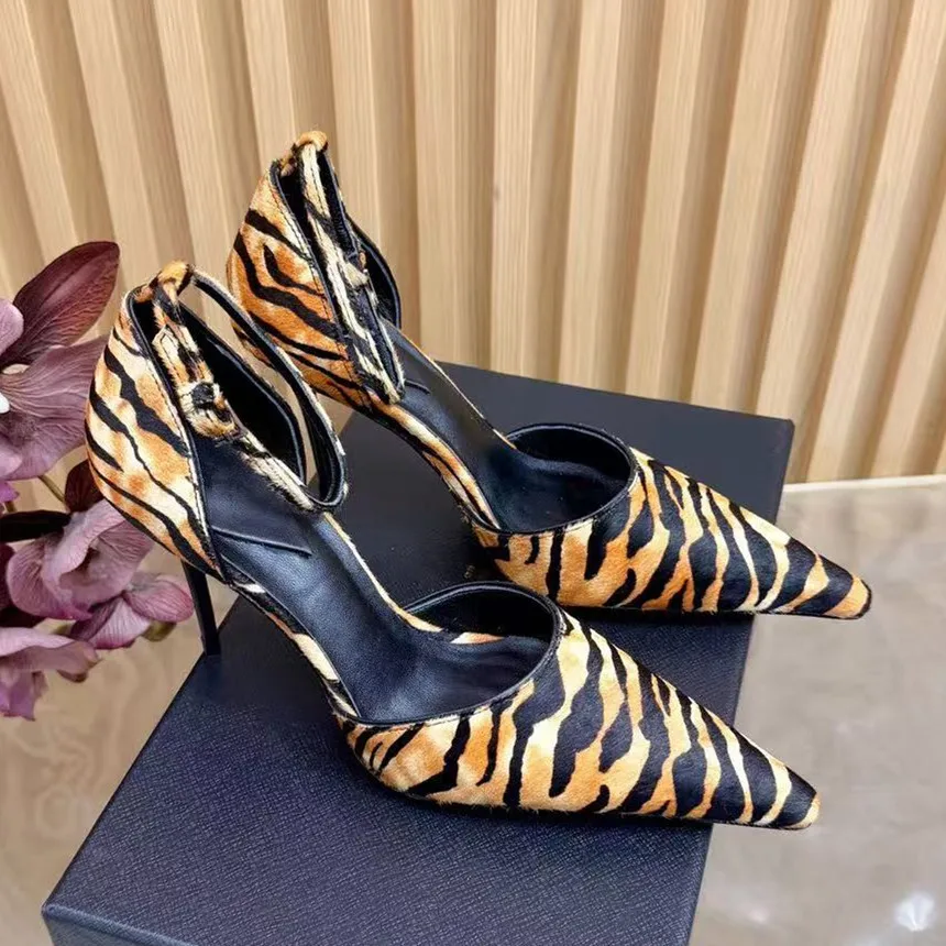High Heels Women's Genuine Leather Pointed End 2026 Summer New Style Zebra Pattern Foot Wrist Buckle with Sexy Fashion Sandals