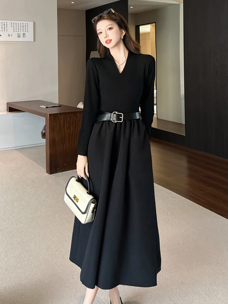 Ropa de calle para mujer, suéter informal de punto negro, Simple, con cuello en V, cinturón ajustado, vestido largo acampanado, Vestidos elegantes para mujer, bata elástica