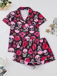 Halloween skull print pajama set for women comfortable short-sleeved lapel shirt and baggy shorts loungewear for women