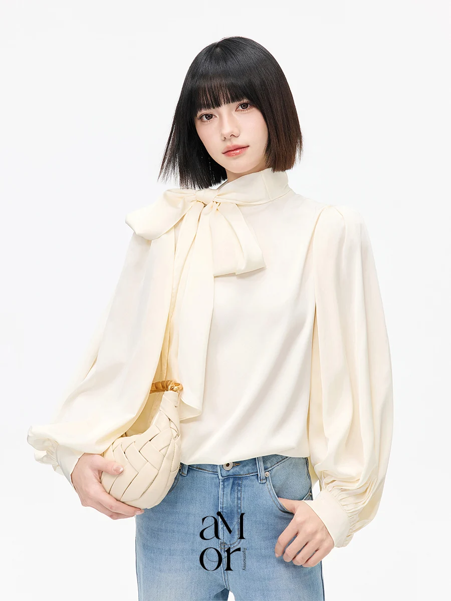 Elegant Romantic Satin Knot Shirt Top Ayemorrey French Style Loose Fit Long Sleeve High Collar Polyester Blend