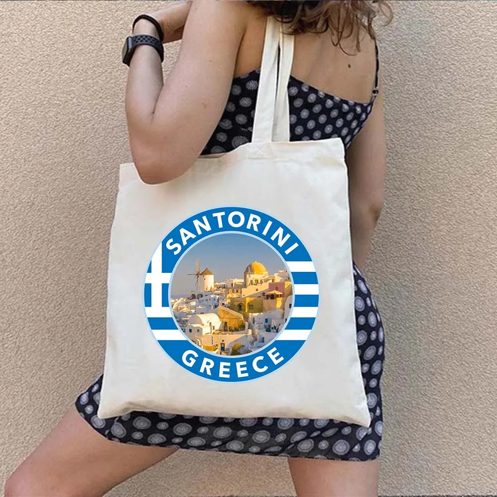 Santorini Greece Emblem Greek Evil Eye Greek Goddess Artemis Island Landscape Shopper Canvas Cotton Totes Bags Shopping Handbags