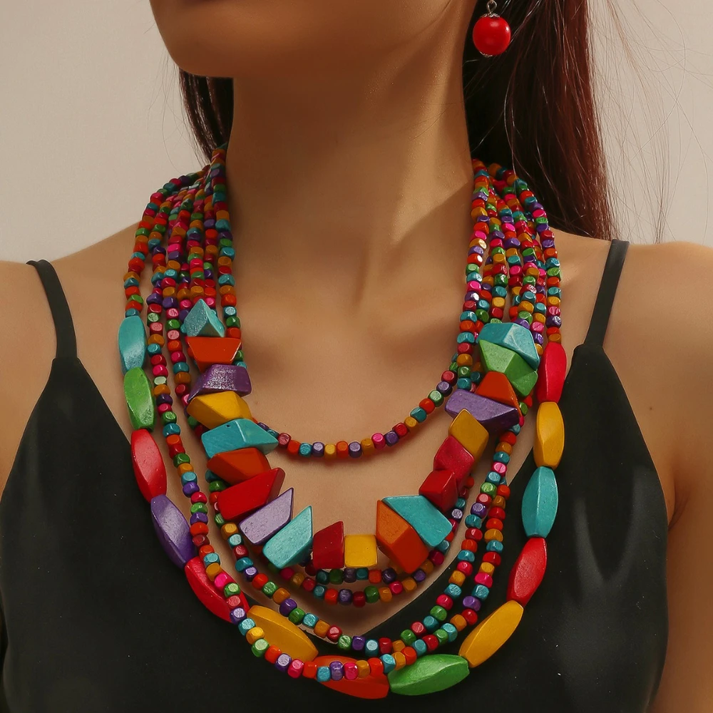 

Colorful Multi-layer Geometric Necklace Earring Set Wooden Bead Bohemian Women Personality Exaggerated Fashion Jewelry Sets