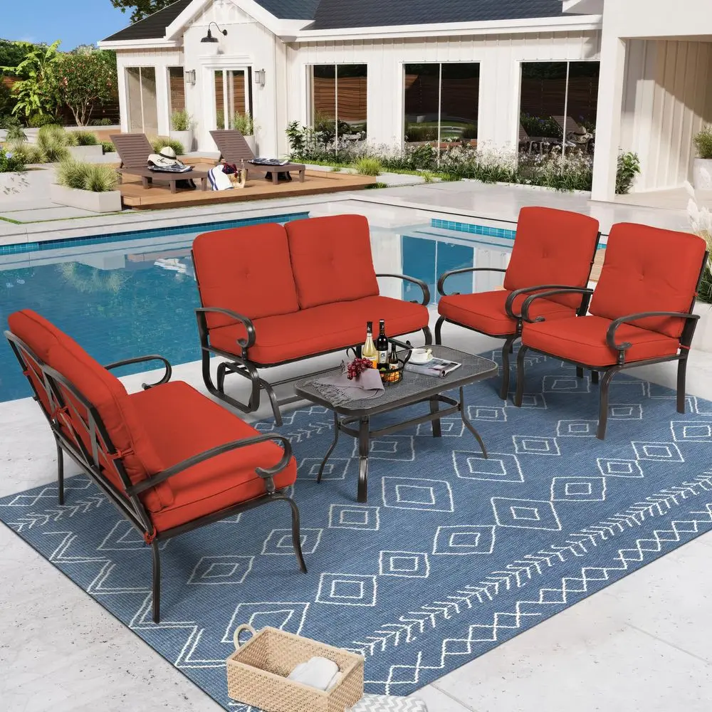 

5 Pcs6 Seats Outdoor Metal Furniture Sets Wrought Iron Patio Conversation Sets, Glider, 2 Single Chairs, Loveseat, and Coffee T