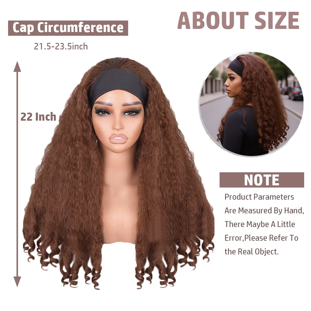 Afro Kinky Yaki Straight Headband Wigs for Black Women 22Inch V-Part Yaki Curly End Wig with Headband Bouncy Curly Synthetic Wig