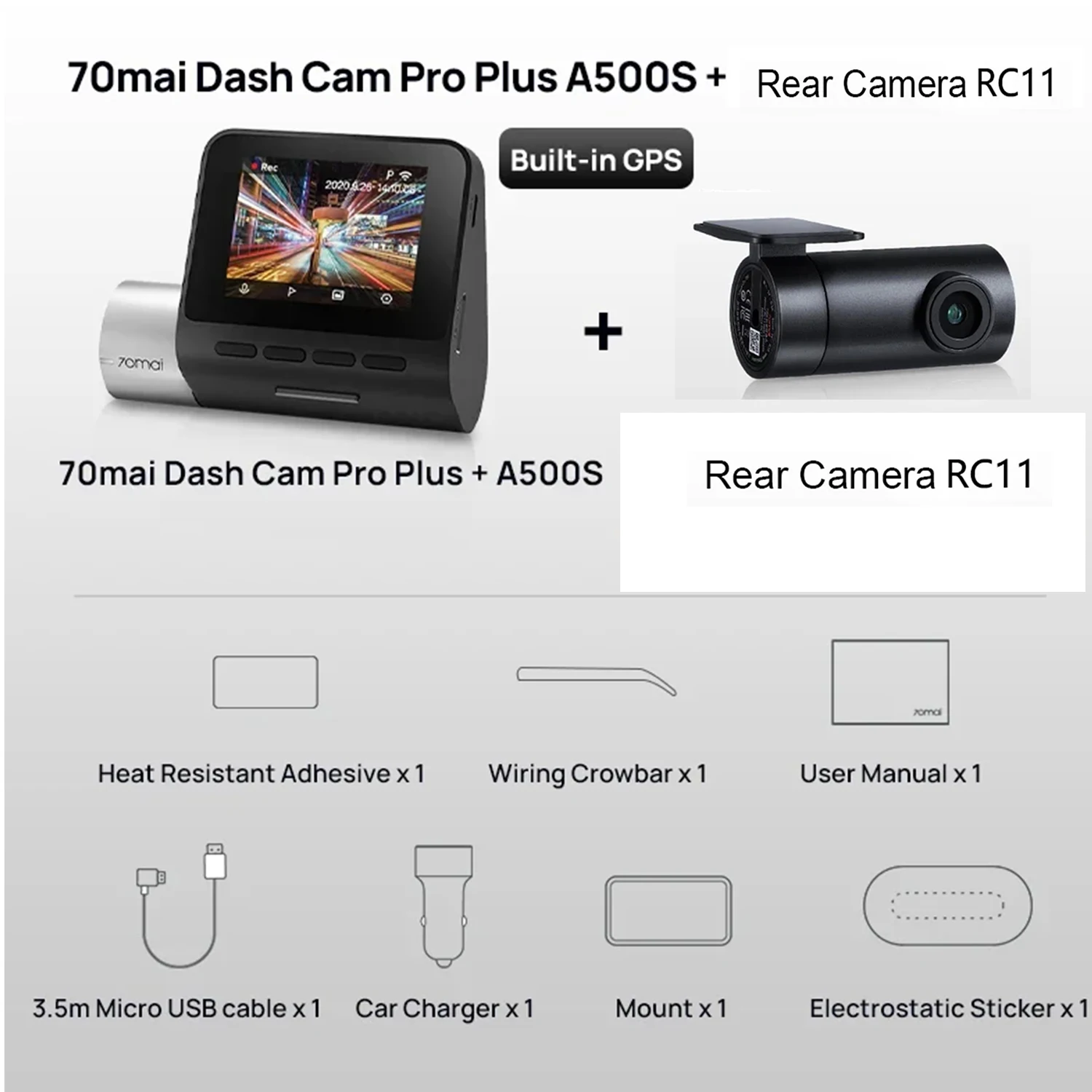 70mai A500S Dash Cam Pro Plus+ 1944P 140FOV 70mai Car DVR Support Rear Cam WIFI Built-in GPS ADAS 24h Parking Surveillance