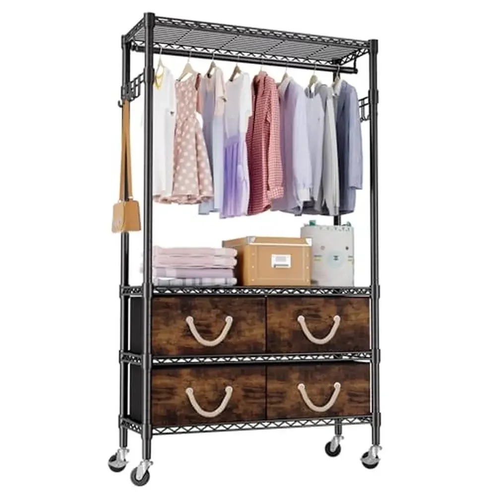 

Adjustable Hanging Clothes Rack with 4 Fabric Drawers Rolling Clothing Garment Rack Bedroom Closet Laundry Room Walk-in Closet