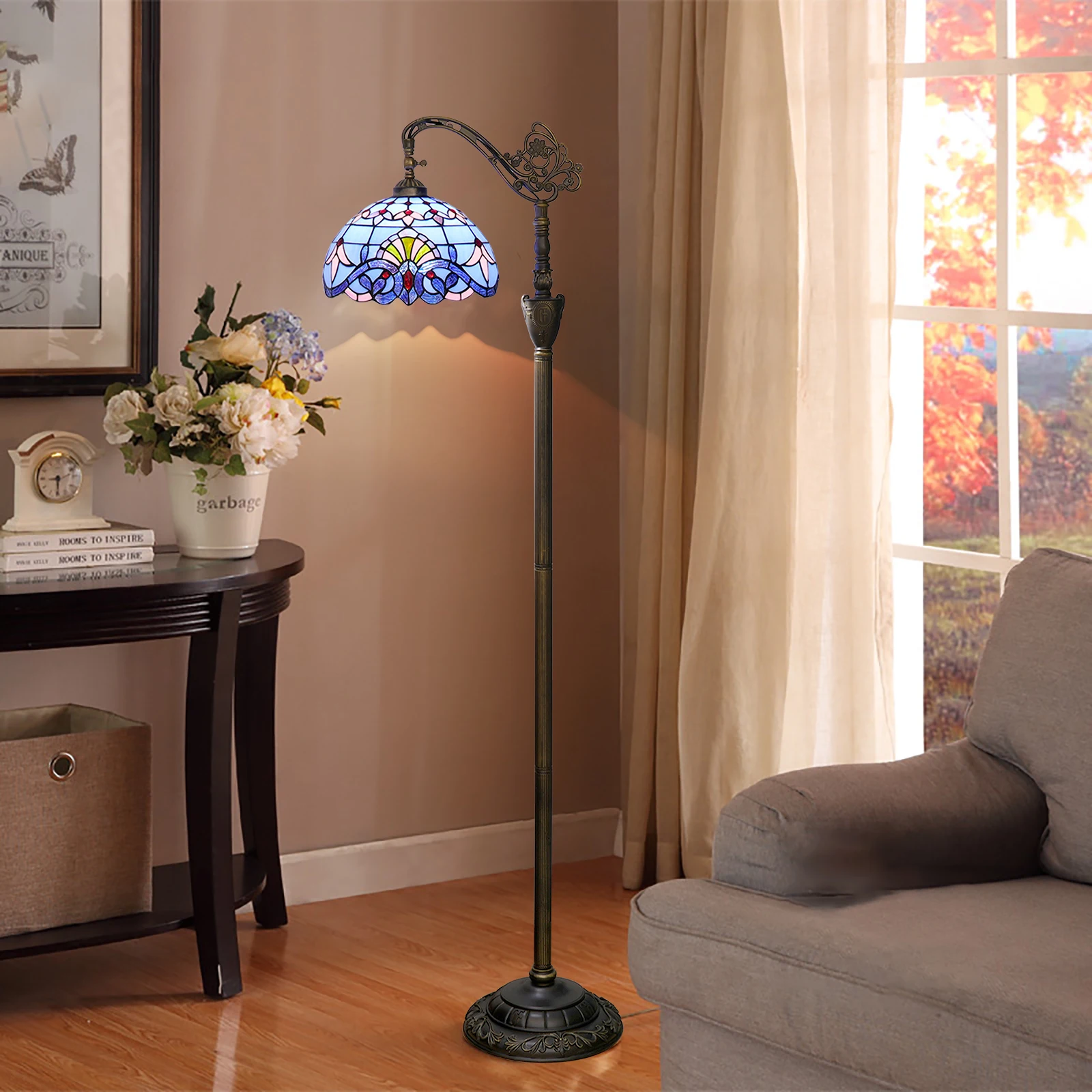 Tiffany Style Blue Baroque Stained Glass Reading Light Adjustable Arched Goose Neck Antique Floor Lamp for Living Room Bedroom