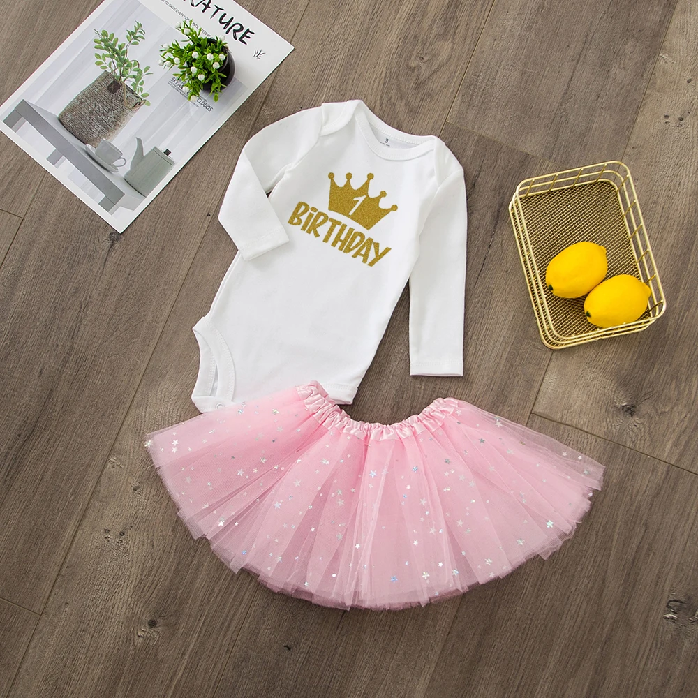 Tenues de gâteau de tutu rose mignon pour bébé fille, vêtements de baptême pour bébé, robe de princesse, ensemble body, mon premier anniversaire,