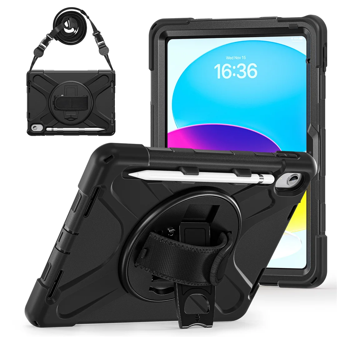 

For iPad 10th 11th A16 11 2025 Tablet Case Soft Silicone Adjustable Retractable Hand Strap One Press Design 360 Rotatable Stand